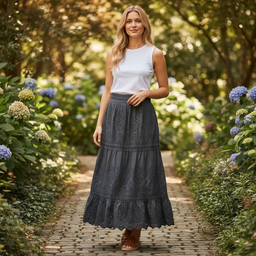 Jason Wu Maxi Skirt‎ Large Dark Navy Eyelet Lace Tiered Boho